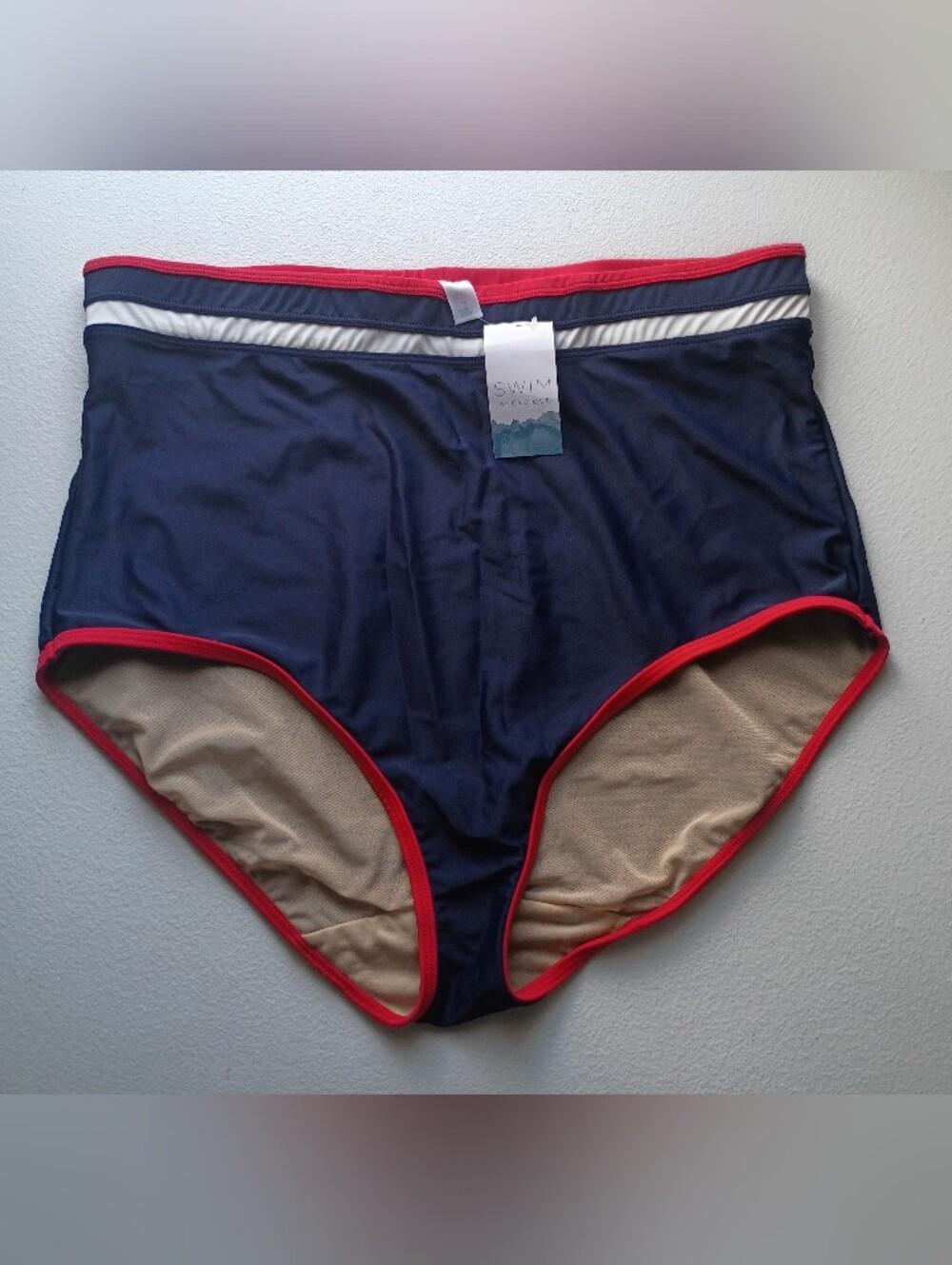 Women's Swim By Cacique High-Waist Navy Bottoms with Red Trim Sz 14   7626